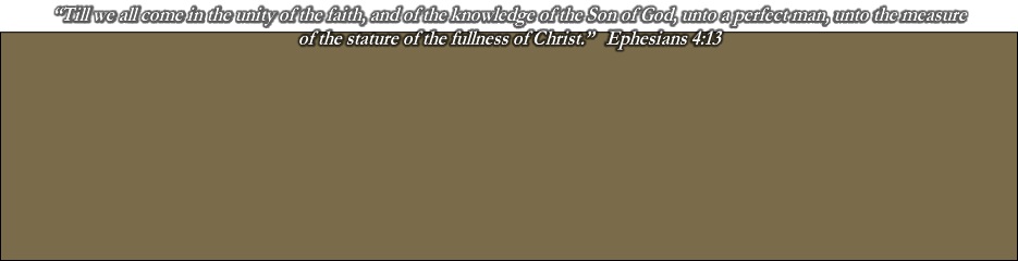 “Till we all come in the unity of the faith, and of the knowledge of the Son of God, unto a perfect man, unto the measure 
of the stature of the fullness of Christ.”   Ephesians 4:13


